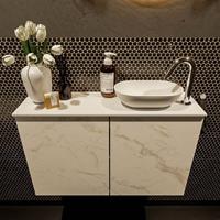 Mondiaz Fowy toiletmeubel 80x50x23cm Carrara mat 1 kraangat wasbak: rechts 2 deuren solid surface met blad Melamine kleur wasbak: wit FOWY59015Carraratalc