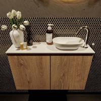 Mondiaz Fowy toiletmeubel 80x50x23cm washed oak mat 1 kraangat wasbak: rechts 2 deuren solid surface met blad Melamine kleur wasbak: wit FOWY59015washedoaktalc