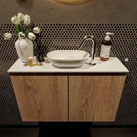 Mondiaz Fowy toiletmeubel 80x50x23cm washed oak mat 1 kraangat wasbak: midden 2 deuren solid surface met blad Melamine kleur wasbak: wit FOWY59013washedoaktalc