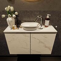 Mondiaz Fowy toiletmeubel 80x50x23cm Carrara mat 1 kraangat wasbak: midden 2 deuren solid surface met blad Melamine kleur wasbak: wit FOWY59013Carraratalc