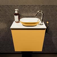 Mondiaz Fowy toiletmeubel 50x50x23cm ocher mat 1 kraangat wasbak: rechts 1 deur solid surface met blad MDF kleur wasbak: Oranje / Wit FOWY59005ocherocher