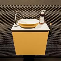 Mondiaz Fowy toiletmeubel 50x50x23cm ocher mat 1 kraangat wasbak: links 1 deur solid surface met blad MDF kleur wasbak: Oranje / Wit FOWY59004ocherocher