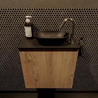 Mondiaz Fowy toiletmeubel 50x50x23cm washed oak mat 1 kraangat wasbak: rechts 1 deur solid surface met blad Melamine kleur wasbak: zwart FOWY59005washedoakurban