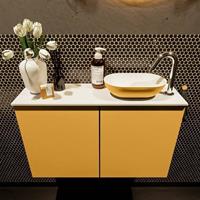 Mondiaz Fowy toiletmeubel 80x50x23cm ocher mat 1 kraangat wasbak: rechts 2 deuren solid surface met blad MDF kleur wasbak: Oranje / Wit FOWY59015ocherocher