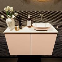 Mondiaz Fowy toiletmeubel 80x50x23cm rosee mat 0 kraangaten wasbak: rechts 2 deuren solid surface met blad MDF kleur wasbak: Roze / Wit FOWY59018roseerosee