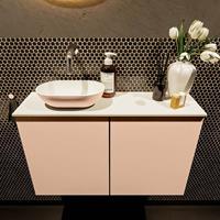 Mondiaz Fowy toiletmeubel 80x50x23cm rosee mat 0 kraangaten wasbak: links 2 deuren solid surface met blad MDF kleur wasbak: Roze / Wit FOWY59017roseerosee