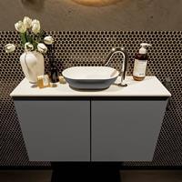 Mondiaz Fowy toiletmeubel 80x50x23cm dark grey mat 1 kraangat wasbak: midden 2 deuren solid surface met blad MDF kleur wasbak: Grijs / Wit FOWY59013darkgreydarkgrey