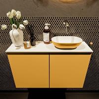 Mondiaz Fowy toiletmeubel 80x50x23cm ocher mat 0 kraangaten wasbak: rechts 2 deuren solid surface met blad MDF kleur wasbak: Oranje / Wit FOWY59018ocherocher