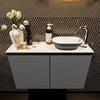 Mondiaz Fowy toiletmeubel 80x50x23cm dark grey mat 1 kraangat wasbak: rechts 2 deuren solid surface met blad MDF kleur wasbak: Grijs / Wit FOWY59015darkgreydarkgrey