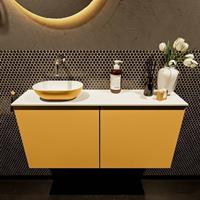 Mondiaz Fowy toiletmeubel 100x50x23cm ocher mat 0 kraangaten wasbak: links 2 deuren solid surface met blad MDF kleur wasbak: Oranje / Wit FOWY59023ocherocher