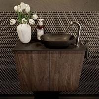 Mondiaz Fowy toiletmeubel 60x50x23cm dark brown mat 1 kraangat wasbak: rechts 2 deuren solid surface met blad Melamine kleur wasbak: zwart FOWY59009darkbrownurban