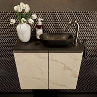 Mondiaz Fowy toiletmeubel 60x50x23cm Carrara mat 1 kraangat wasbak: rechts 2 deuren solid surface met blad Melamine kleur wasbak: zwart FOWY59009Carraraurban