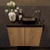 Mondiaz Fowy toiletmeubel 60x50x23cm washed oak mat 1 kraangat wasbak: rechts 2 deuren solid surface met blad Melamine kleur wasbak: zwart FOWY59009washedoakurban