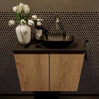 Mondiaz Fowy toiletmeubel 60x50x23cm washed oak mat 0 kraangaten wasbak: rechts 2 deuren solid surface met blad Melamine kleur wasbak: zwart FOWY59012washedoakurban