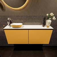 Mondiaz Fowy toiletmeubel 120x50x23cm ocher mat 1 kraangat wasbak: links 2 deuren solid surface met blad MDF kleur wasbak: Oranje / Wit FOWY59026ocherocher