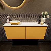 Mondiaz Fowy toiletmeubel 120x50x23cm ocher mat 0 kraangaten wasbak: links 2 deuren solid surface met blad MDF kleur wasbak: Oranje / Wit FOWY59029ocherocher