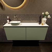 Mondiaz Fowy toiletmeubel 120x50x23cm army mat 0 kraangaten wasbak: links 2 deuren solid surface met blad MDF kleur wasbak: Groen / Wit FOWY59029armyarmy