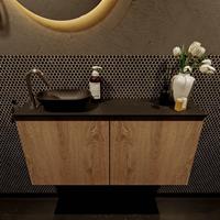 Mondiaz Fowy toiletmeubel 100x50x23cm washed oak mat 1 kraangat wasbak: links 2 deuren solid surface met blad Melamine kleur wasbak: zwart FOWY59020washedoakurban