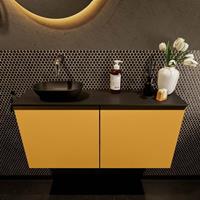 Mondiaz Fowy toiletmeubel 100x50x23cm ocher mat 0 kraangaten wasbak: links 2 deuren solid surface met blad MDF kleur wasbak: zwart FOWY59023ocherurban