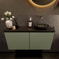 Mondiaz Fowy toiletmeubel 100x50x23cm army mat 0 kraangaten wasbak: rechts 2 deuren solid surface met blad MDF kleur wasbak: zwart FOWY59024armyurban