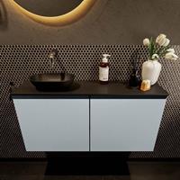 Mondiaz Fowy toiletmeubel 100x50x23cm clay mat 0 kraangaten wasbak: links 2 deuren solid surface met blad MDF kleur wasbak: zwart FOWY59023clayurban