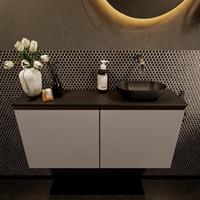 Mondiaz Fowy toiletmeubel 100x50x23cm smoke mat 0 kraangaten wasbak: rechts 2 deuren solid surface met blad MDF kleur wasbak: zwart FOWY59024smokeurban