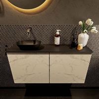 Mondiaz Fowy toiletmeubel 100x50x23cm Carrara mat 0 kraangaten wasbak: links 2 deuren solid surface met blad Melamine kleur wasbak: zwart FOWY59023Carraraurban