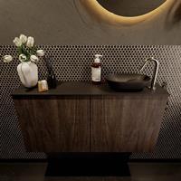 Mondiaz Fowy toiletmeubel 100x50x23cm dark brown mat 1 kraangat wasbak: rechts 2 deuren solid surface met blad Melamine kleur wasbak: zwart FOWY59021darkbrownurban