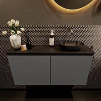 Mondiaz Fowy toiletmeubel 100x50x23cm dark grey mat 0 kraangaten wasbak: rechts 2 deuren solid surface met blad MDF kleur wasbak: zwart FOWY59024darkgreyurban