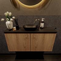 Mondiaz Fowy toiletmeubel 100x50x23cm washed oak mat 1 kraangat wasbak: midden 2 deuren solid surface met blad Melamine kleur wasbak: zwart FOWY59019washedoakurban