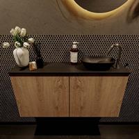 Mondiaz Fowy toiletmeubel 100x50x23cm washed oak mat 1 kraangat wasbak: rechts 2 deuren solid surface met blad Melamine kleur wasbak: zwart FOWY59021washedoakurban