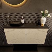 Mondiaz Fowy toiletmeubel 100x50x23cm Carrara mat 1 kraangat wasbak: links 2 deuren solid surface met blad Melamine kleur wasbak: zwart FOWY59020Carraraurban