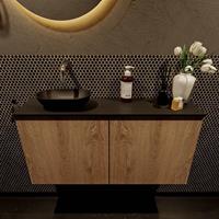 Mondiaz Fowy toiletmeubel 100x50x23cm washed oak mat 0 kraangaten wasbak: links 2 deuren solid surface met blad Melamine kleur wasbak: zwart FOWY59023washedoakurban