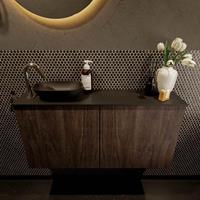 Mondiaz Fowy toiletmeubel 100x50x23cm dark brown mat 1 kraangat wasbak: links 2 deuren solid surface met blad Melamine kleur wasbak: zwart FOWY59020darkbrownurban