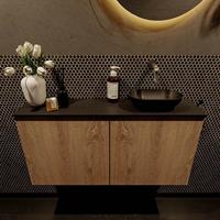 Mondiaz Fowy toiletmeubel 100x50x23cm washed oak mat 0 kraangaten wasbak: rechts 2 deuren solid surface met blad Melamine kleur wasbak: zwart FOWY59024washedoakurban