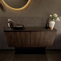 Mondiaz Fowy toiletmeubel 120x50x23cm dark brown mat 1 kraangat wasbak: links 2 deuren solid surface met blad Melamine kleur wasbak: zwart FOWY59026darkbrownurban