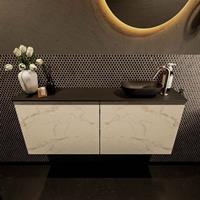 Mondiaz Fowy toiletmeubel 120x50x23cm Carrara mat 1 kraangat wasbak: rechts 2 deuren solid surface met blad Melamine kleur wasbak: zwart FOWY59027Carraraurban