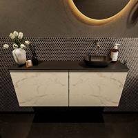 Mondiaz Fowy toiletmeubel 120x50x23cm Carrara mat 0 kraangaten wasbak: rechts 2 deuren solid surface met blad Melamine kleur wasbak: zwart FOWY59030Carraraurban