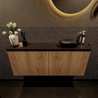 Mondiaz Fowy toiletmeubel 120x50x23cm washed oak mat 1 kraangat wasbak: rechts 2 deuren solid surface met blad Melamine kleur wasbak: zwart FOWY59027washedoakurban