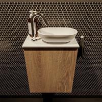 Mondiaz Fowy toiletmeubel 40x50x23cm washed oak mat 1 kraangat wasbak: rechts 1 deur solid surface met blad Melamine kleur wasbak: wit FOWY59002washedoaktalc