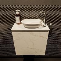Mondiaz Fowy toiletmeubel 50x50x23cm Carrara mat 1 kraangat wasbak: rechts 1 deur solid surface met blad Melamine kleur wasbak: wit FOWY59005Carraratalc