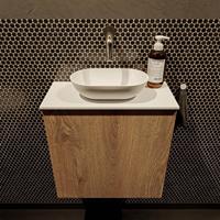 Mondiaz Fowy toiletmeubel 50x50x23cm washed oak mat 0 kraangaten wasbak: midden 1 deur solid surface met blad Melamine kleur wasbak: wit FOWY59006washedoaktalc