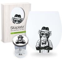 SITZPLATZ Badezimmer-Set Motiv Stadtaffe | Ovaler WC-Sitz mit Absenkautomatik | Duroplast Toilettendeckel abnehmbar | Design-Excenterstopfen 38 - 40 mm |
