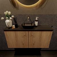 Mondiaz Fowy toiletmeubel 100x50x23cm washed oak mat 0 kraangaten wasbak: midden 2 deuren solid surface met blad Melamine kleur wasbak: zwart FOWY59022washedoakurban