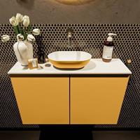 Mondiaz Fowy toiletmeubel 80x50x23cm ocher mat 0 kraangaten wasbak: midden 2 deuren solid surface met blad MDF kleur wasbak: Oranje / Wit FOWY59016ocherocher