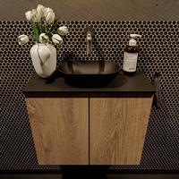 Mondiaz Fowy toiletmeubel 60x50x23cm washed oak mat 0 kraangaten wasbak: midden 2 deuren solid surface met blad Melamine kleur wasbak: zwart FOWY59010washedoakurban