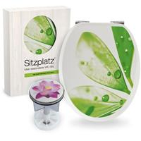 SITZPLATZ Badezimmer-Set Motiv Lotusblüte | WC-Sitz mit Absenkautomatik | Ovaler Toilettendeckel mit Holzkern | Design-Excenterstopfen 38 - 40 mm &VerticalL