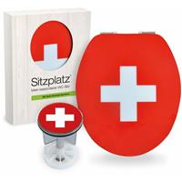SITZPLATZ Badezimmer-Set Motiv Schweiz | WC-Sitz mit Absenkautomatik | High-Gloss Toilettendeckel mit Holzkern | Design-Excenterstopfen 38 - 40