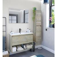 DMORA Hängender Waschtischunterschrank mit 1 Schublade und 1 Fach, Badezimmerschrank mit Spiegel inklusive, cm 80x59h45, Farbe Eiche und Weiß - 