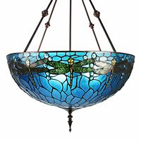 Clayre & Eef Lumilamp Hanglamp Tiffany Ø 61*190 Cm E27/max 3*60w Blauw, Groen, Geel Metaal, Glas Libelle Hanglamp Eettafel